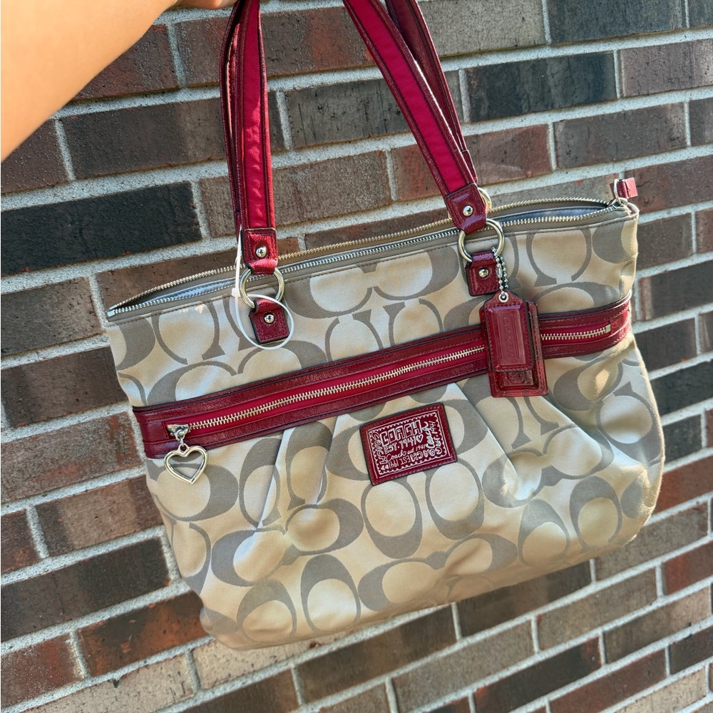 Coach Beige Signature Tote with Red Trim and Leather Accents